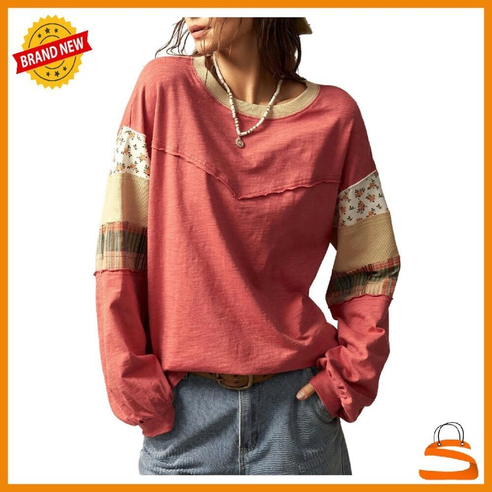 Long Sleeve Boho Floral Patched Tee Loose Fit T-Shirt Women's Medium